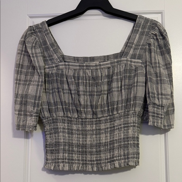 American Threads Tops - American Threads Gray Plaid Square-Neck Smocked Waist Top